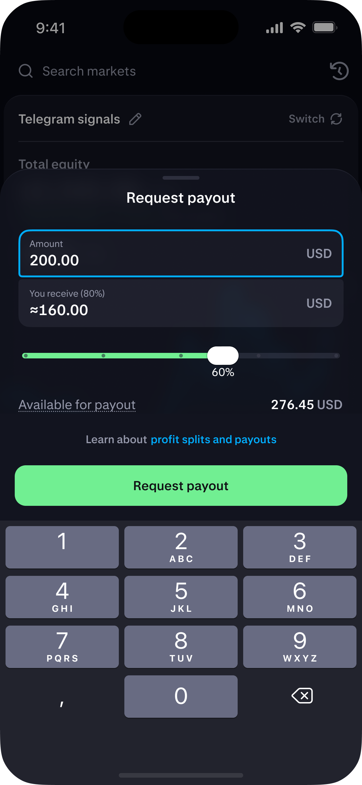 Breakout app payout request screen with amount entry and the 80 percent profit split shown