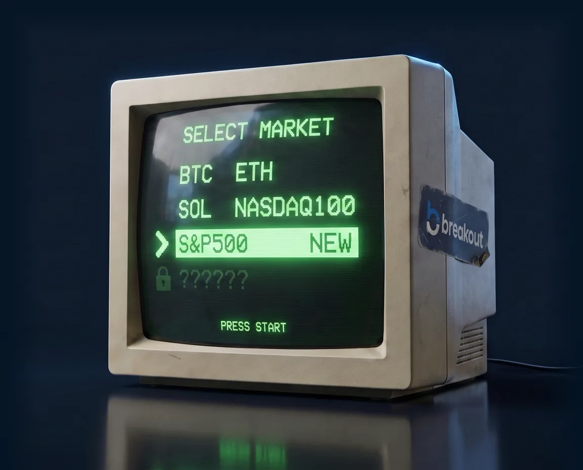 Vintage terminal showing a rising candlestick chart, a worn Breakout sticker on its side panel